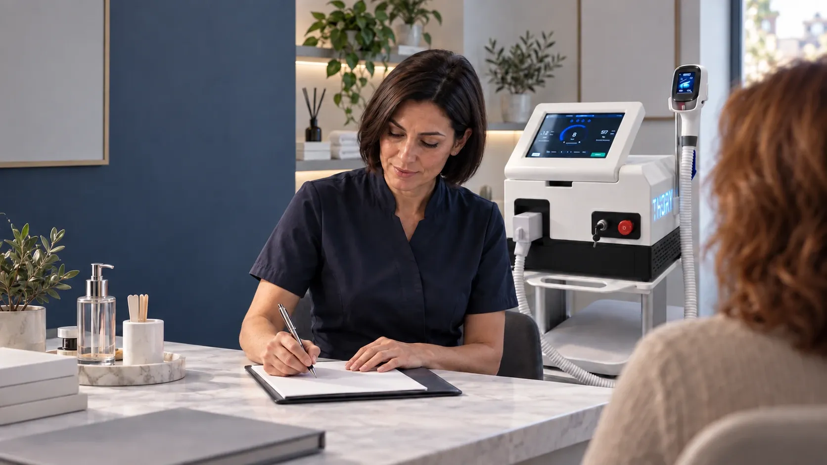 Scena editoriale di consulenza: operatrice e cliente con Lumina X1 Pro parcheggiato sullo sfondo