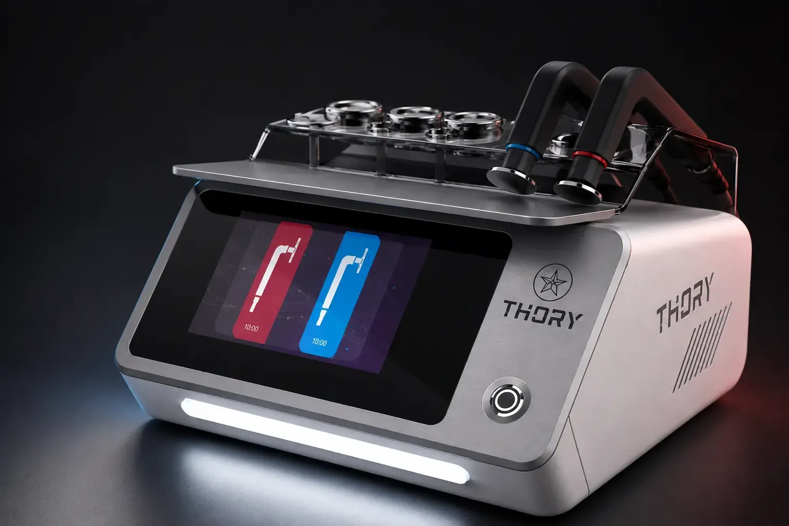 THORY Tecar 448Revolution in vista tre quarti con vassoio elettrodi CET e RET e display touchscreen