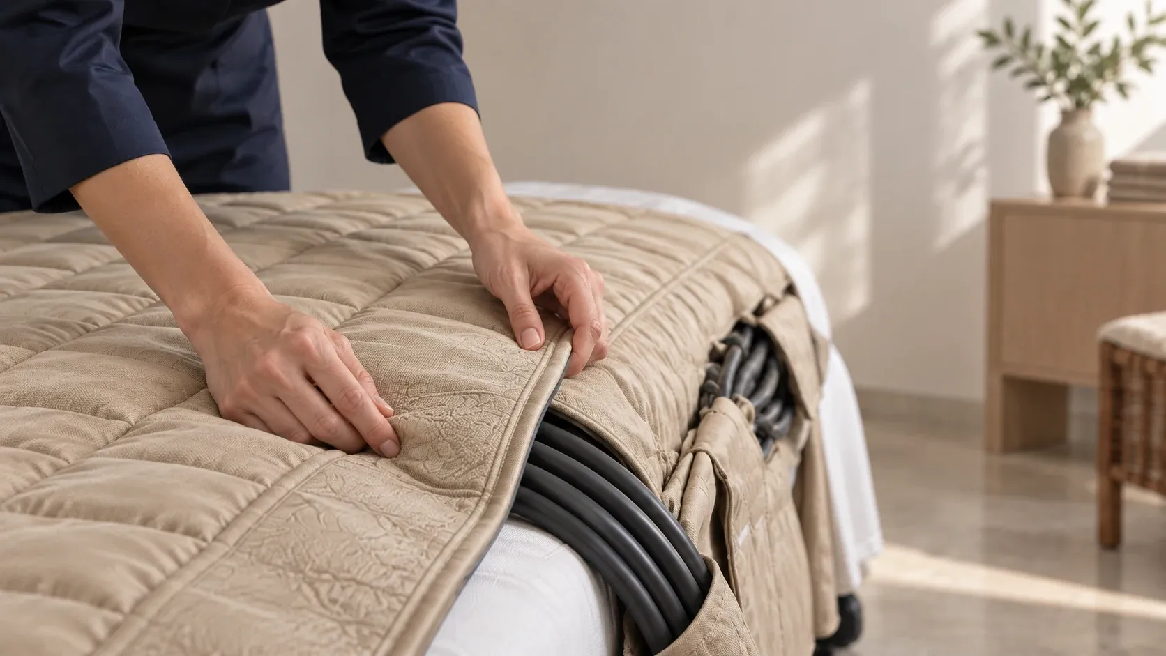 Mani di una professionista che preparano il tessuto beige InfraPress