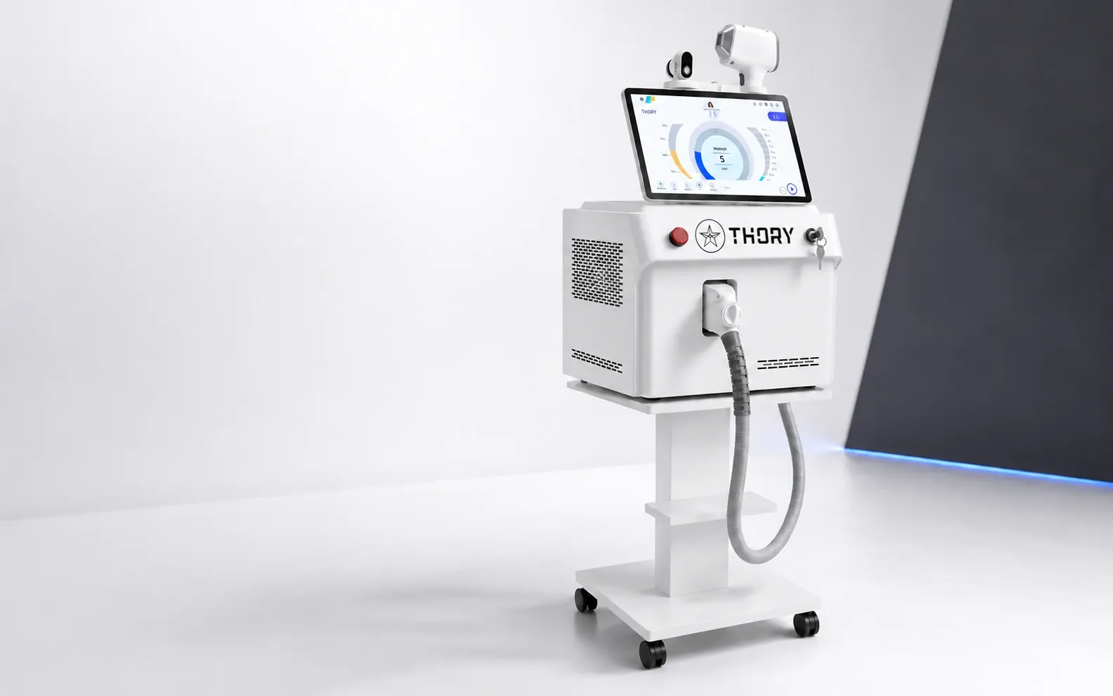 Piattaforma laser THORY Lumina X3 su carrello con display Android e manipolo attivo